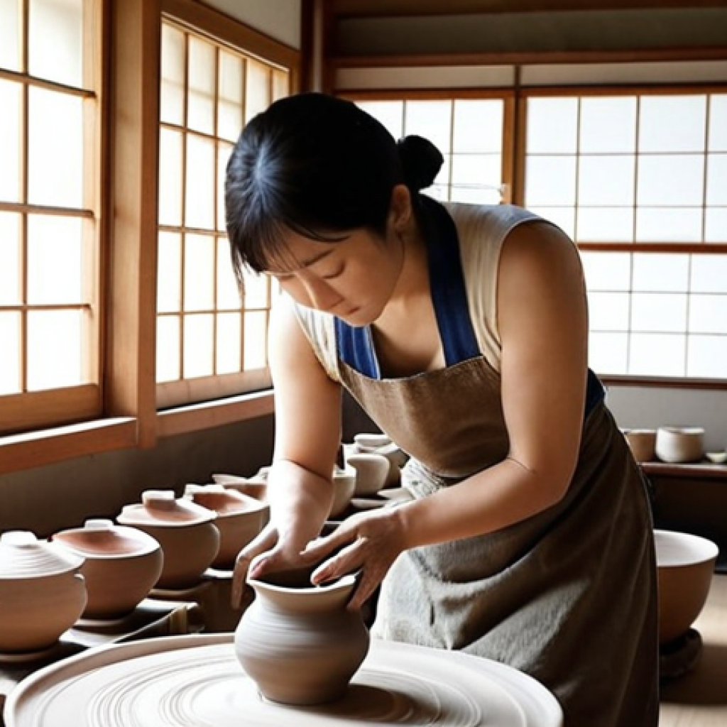 Rustic Pottery Workshop**

Prompt: A warm, inviting pottery workshop in Japan. Focus on natural light illuminating shelves filled with Shigaraki-style pottery, displaying the earthy tones and textures. A potter is gently shaping clay on a traditional wheel. Include clay tools, water buckets, and examples of both finished and unfinished pieces. Soft, blurred background with hints of nature visible through the window.

**