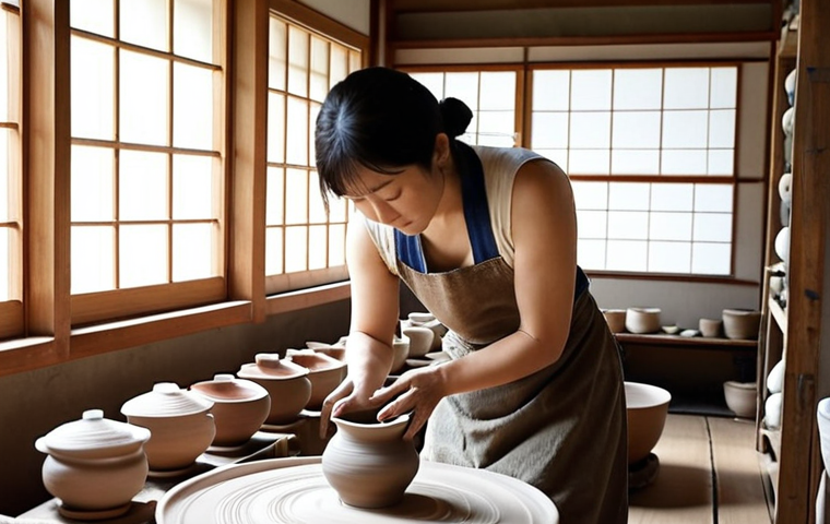 Rustic Pottery Workshop**

Prompt: A warm, inviting pottery workshop in Japan. Focus on natural light illuminating shelves filled with Shigaraki-style pottery, displaying the earthy tones and textures. A potter is gently shaping clay on a traditional wheel. Include clay tools, water buckets, and examples of both finished and unfinished pieces. Soft, blurred background with hints of nature visible through the window.

**