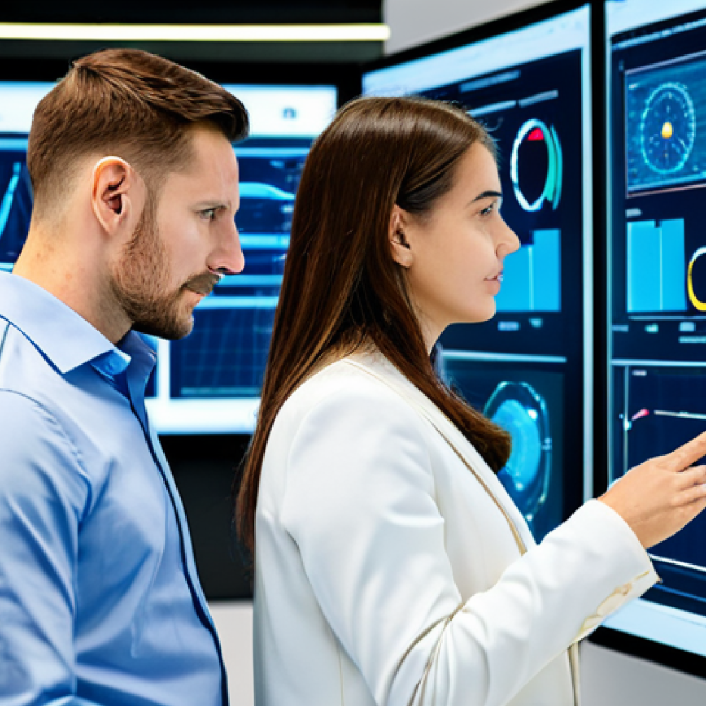 A focused male and female professional engineer, both in appropriate business attire, are standing in a high-tech control room overlooking a clean, modern advanced ceramics manufacturing facility. They are intently analyzing real-time data visualizations on large transparent display screens, showcasing IoT sensor data, AI-driven analytics, and production metrics for optimal efficiency. The atmosphere is innovative and efficient. professional photography, perfect anatomy, correct proportions, natural pose, well-formed hands, proper finger count, natural body proportions, high quality, fully clothed, modest clothing, appropriate attire, professional dress, safe for work, appropriate content, family-friendly.