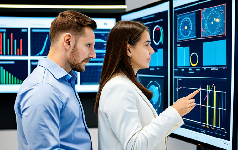 A focused male and female professional engineer, both in appropriate business attire, are standing in a high-tech control room overlooking a clean, modern advanced ceramics manufacturing facility. They are intently analyzing real-time data visualizations on large transparent display screens, showcasing IoT sensor data, AI-driven analytics, and production metrics for optimal efficiency. The atmosphere is innovative and efficient. professional photography, perfect anatomy, correct proportions, natural pose, well-formed hands, proper finger count, natural body proportions, high quality, fully clothed, modest clothing, appropriate attire, professional dress, safe for work, appropriate content, family-friendly.