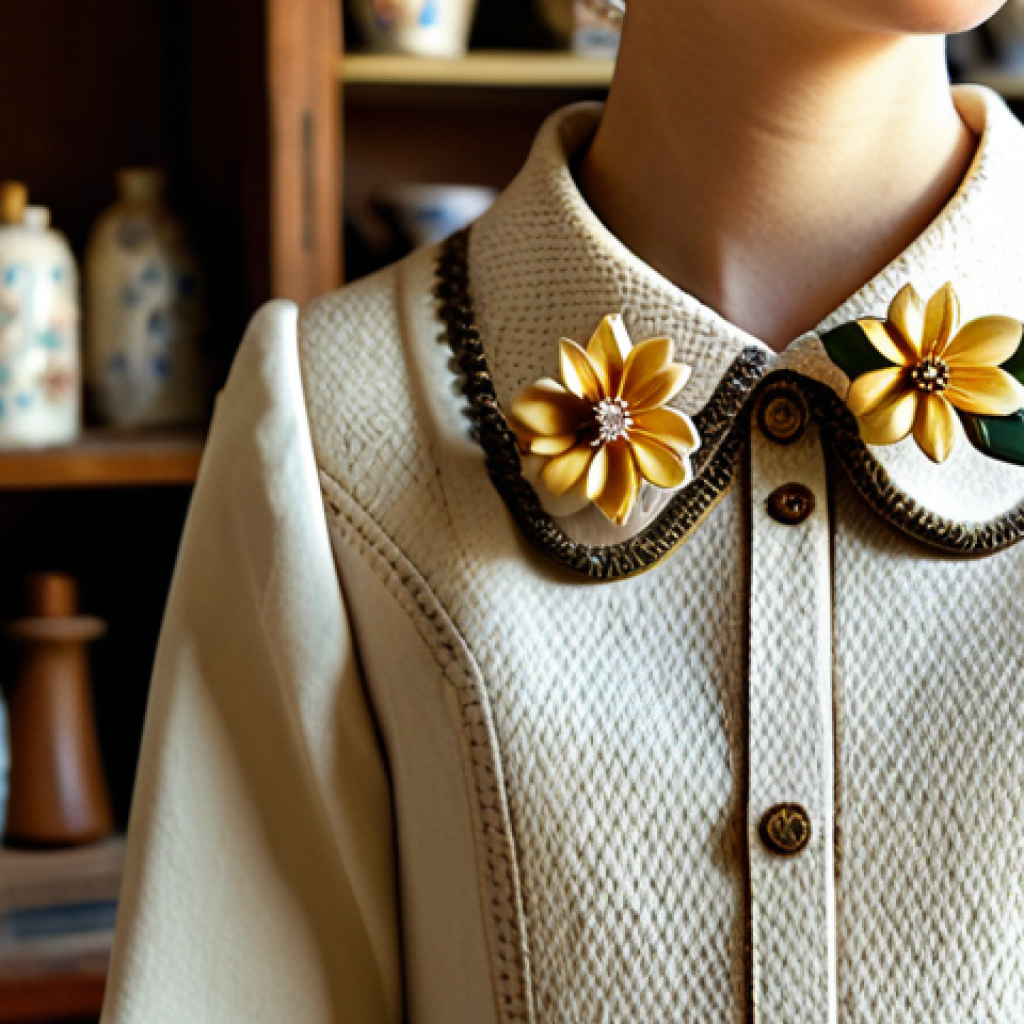 Handmade Ceramic Accessory**
A young woman wearing a delicate, handmade ceramic flower brooch on her lapel, fully clothed in a modest, vintage-style dress, standing in a sunlit artisan shop, safe for work, appropriate content, professional, perfect anatomy, natural proportions, well-formed hands, proper finger count.
**