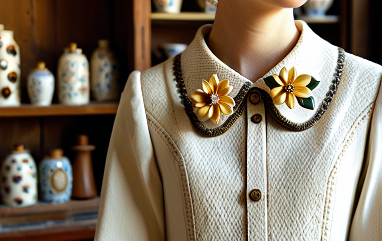 Handmade Ceramic Accessory**

A young woman wearing a delicate, handmade ceramic flower brooch on her lapel, fully clothed in a modest, vintage-style dress, standing in a sunlit artisan shop, safe for work, appropriate content, professional, perfect anatomy, natural proportions, well-formed hands, proper finger count.

**