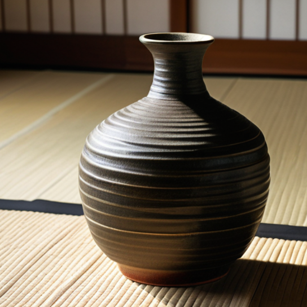 **Subject:** A Shigaraki ware vase with a rough, earthy texture.
    **Clothing/Environment:** Displayed on a traditional tatami mat in a sunlit room. Soft natural light.
    **Details:** Close-up shot highlighting the clay's imperfections and the subtle variations in glaze.
    **Modifiers:** High-resolution, professional studio photography, perfect composition, natural colors, safe for work, appropriate content, fully clothed, family-friendly.