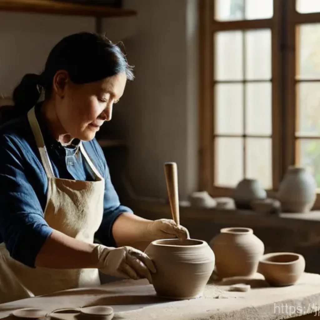 미술세라믹 경력 개발 팁 - **Prompt: A female ceramic artist in her late 30s, with a focused expression, meticulously shaping a...
