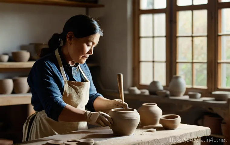 미술세라믹 경력 개발 팁 - **Prompt: A female ceramic artist in her late 30s, with a focused expression, meticulously shaping a...