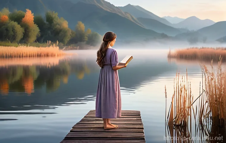 미술세라믹 제품 생산과정 - **Serene Lakeside Morning**
A young woman in a modest, loose-fitting linen dress, with long hair...