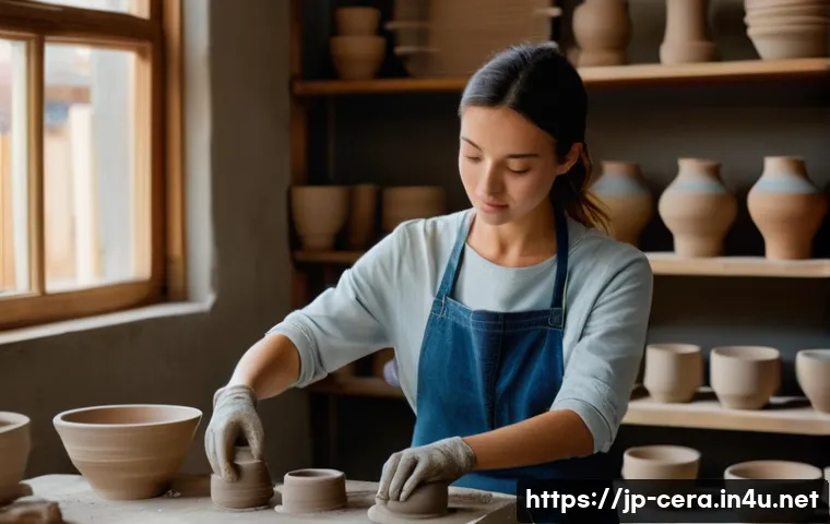 세라믹 직무에 필요한 역량 - **Prompt:** A bright and airy ceramics studio. A young woman in her late 20s, wearing a denim apron ...
