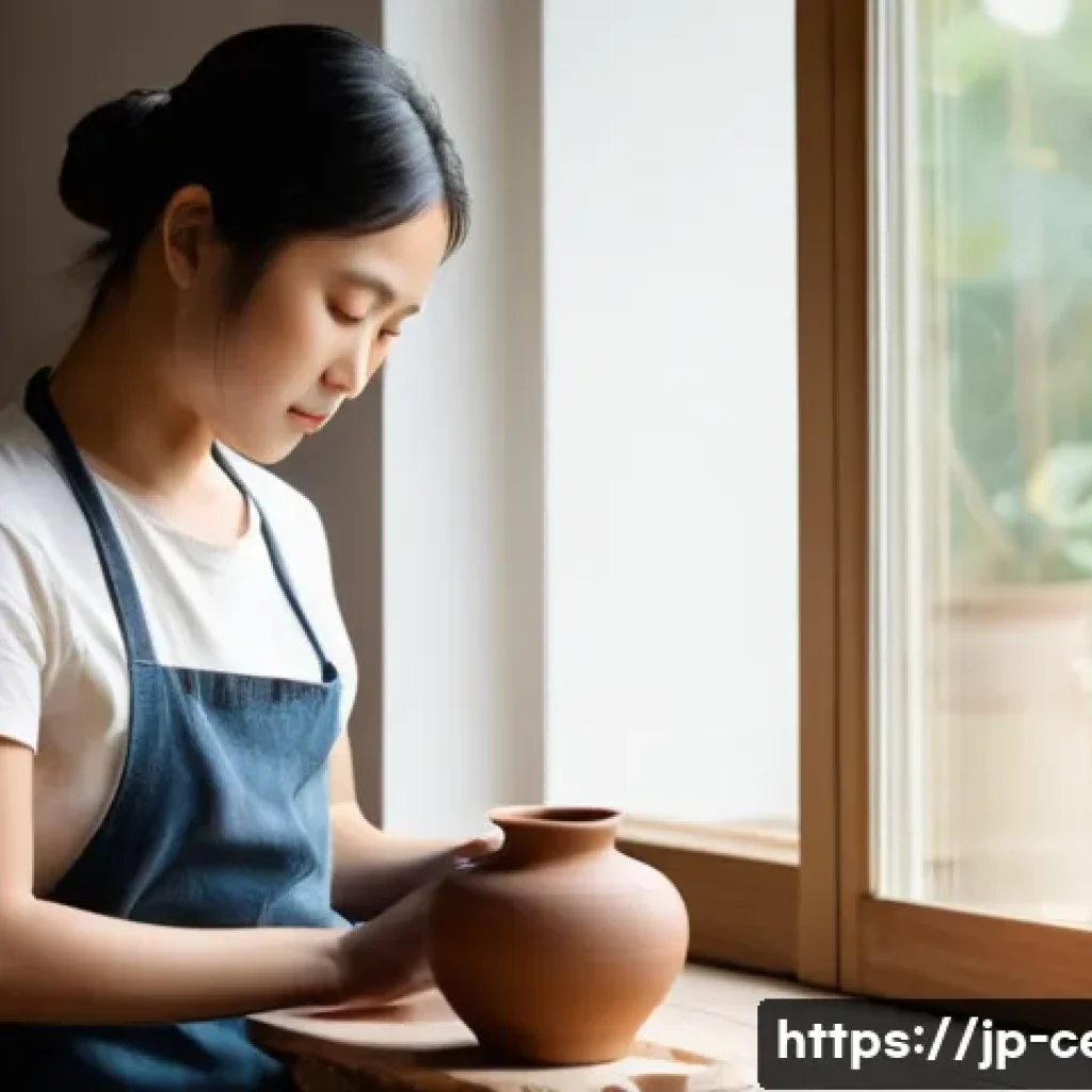 미술세라믹 자격증 취득 과정 - **Prompt 1: Serene Pottery Meditation**
A young Japanese woman in her late 20s, with her hair ne...