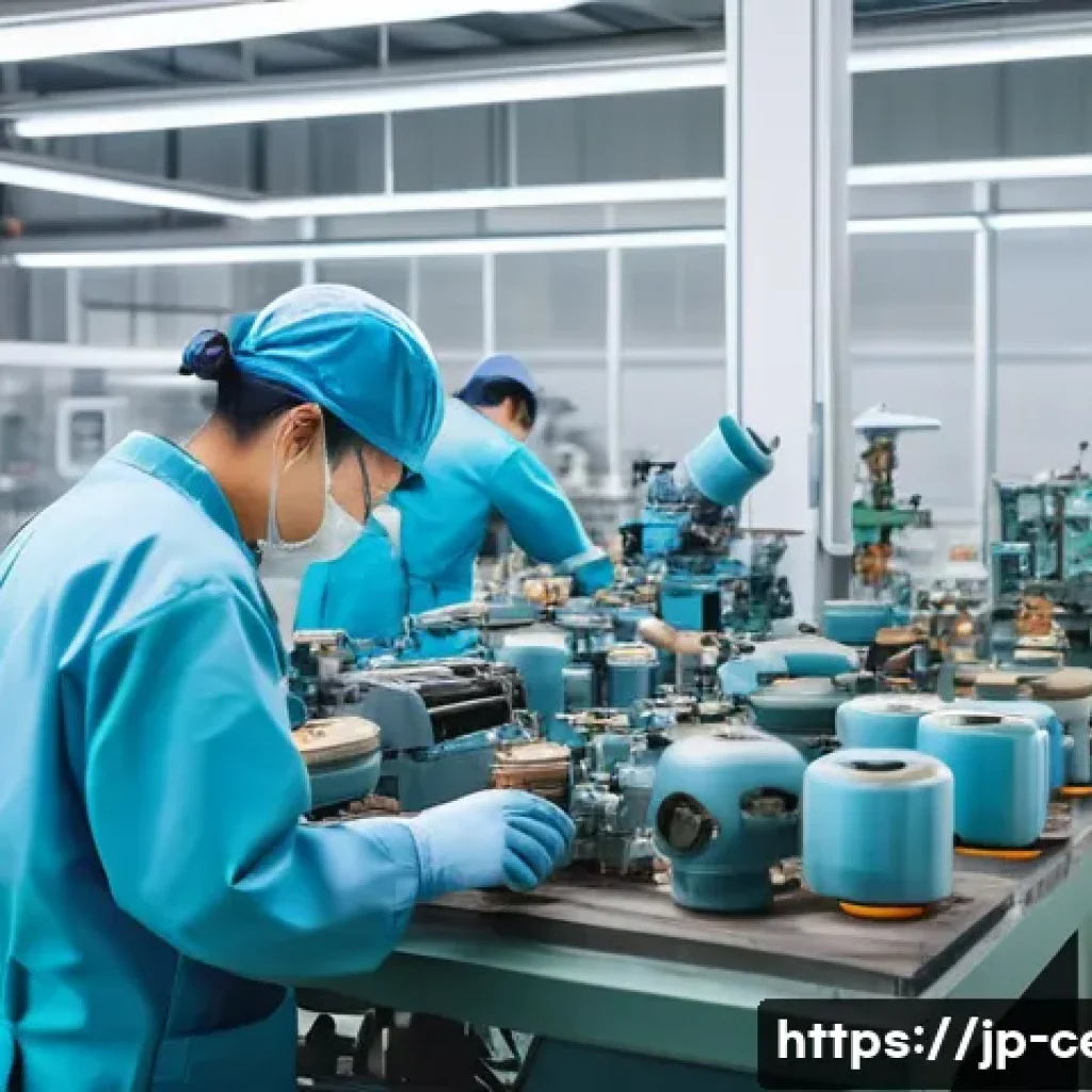 세라믹 기술 자격증 안내 - A modern Japanese ceramics workshop interior, featuring skilled technicians in clean work uniforms c...