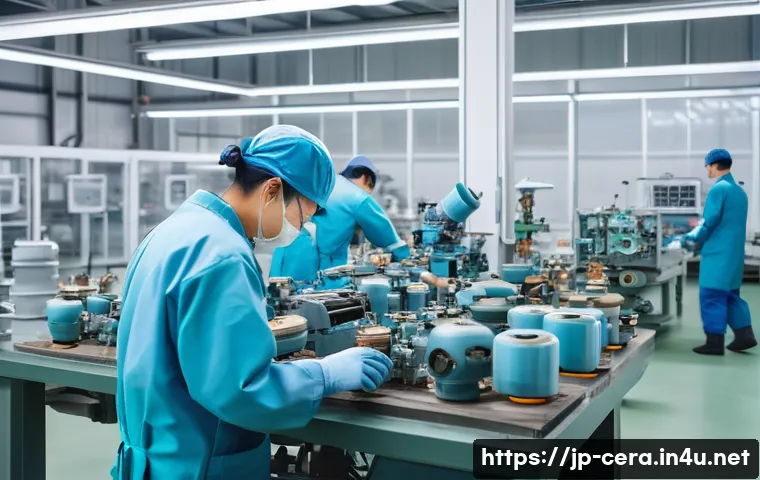 세라믹 기술 자격증 안내 - A modern Japanese ceramics workshop interior, featuring skilled technicians in clean work uniforms c...