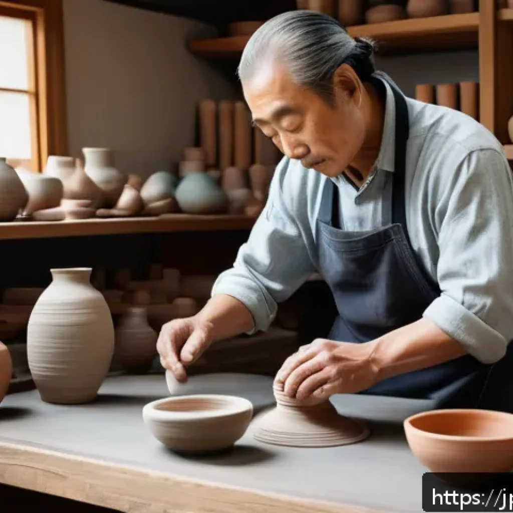 미술세라믹 분야 자격증 비교 - A serene Japanese pottery studio scene featuring a skilled artisan shaping clay on a potter’s wheel,...