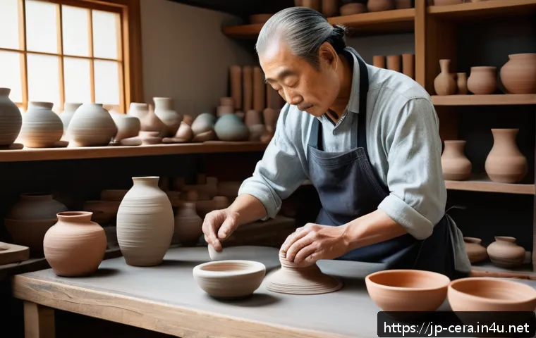 미술세라믹 분야 자격증 비교 - A serene Japanese pottery studio scene featuring a skilled artisan shaping clay on a potter&rsquo;s wheel,...