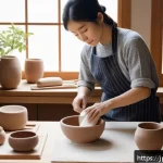 미술세라믹 프로젝트 실습 - A serene pottery studio scene featuring a Japanese beginner potter working with white clay on a knea...