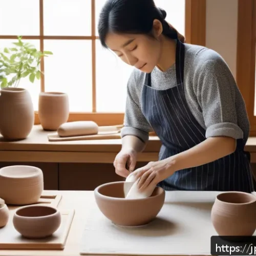 미술세라믹 프로젝트 실습 - A serene pottery studio scene featuring a Japanese beginner potter working with white clay on a knea...