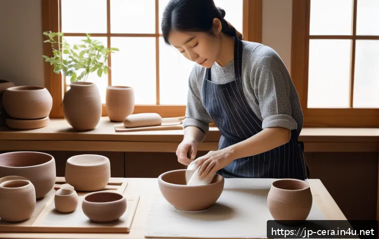 미술세라믹 프로젝트 실습 - A serene pottery studio scene featuring a Japanese beginner potter working with white clay on a knea...