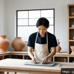미술세라믹 전문 분야 취업 - A contemporary Japanese ceramic artist in a bright, modern studio, skillfully shaping a complex clay...