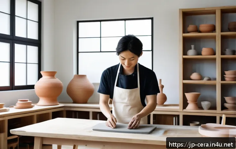 미술세라믹 전문 분야 취업 - A contemporary Japanese ceramic artist in a bright, modern studio, skillfully shaping a complex clay...