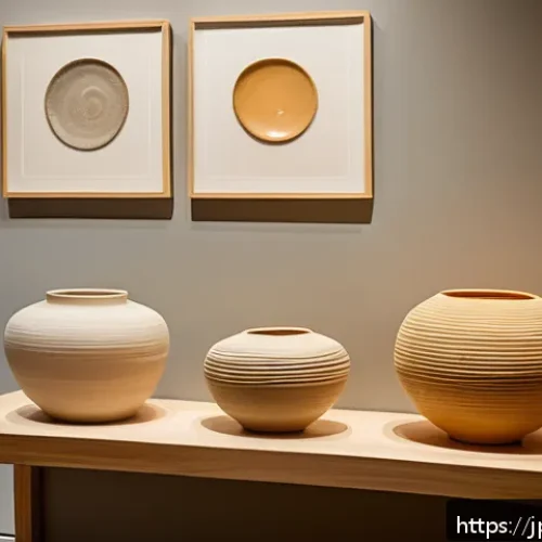 세라믹 작품 전시 준비 - A serene ceramic art exhibition space bathed in warm, soft LED lighting with a slight amber hue, mul...