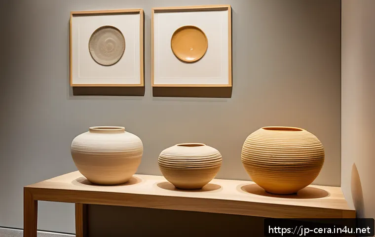 세라믹 작품 전시 준비 - A serene ceramic art exhibition space bathed in warm, soft LED lighting with a slight amber hue, mul...
