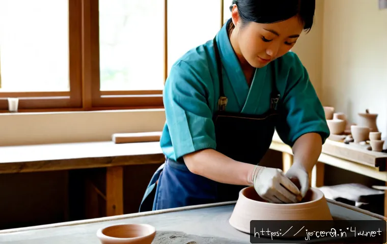 미술세라믹 직무 훈련 - Photorealistic vocational ceramics training workshop in Japan, an adult trainee carefully shaping a ...