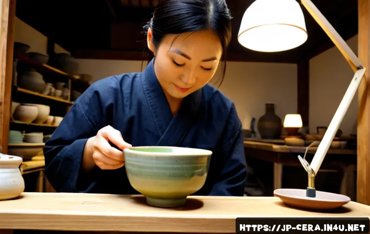 세라믹 전문가 업무일기 - Photorealistic ceramic expert in a serene Japanese pottery studio, carefully inspecting a freshly gl...